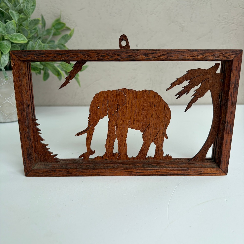 Vintage Hand Carved Wood Elephant Silhouette Shadow Box Wall Hanging Safari Art